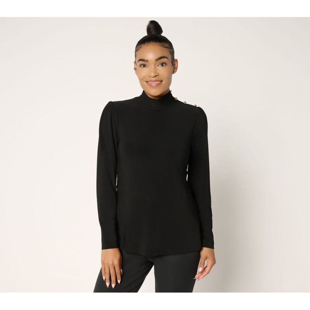 Dennis Basso Women's Top Sz M Italia Knit Mock Neck Soft Peplum Black A701558